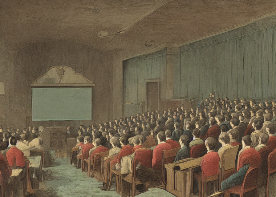 AI generated image of an old lecture hall facing a chalkboard.